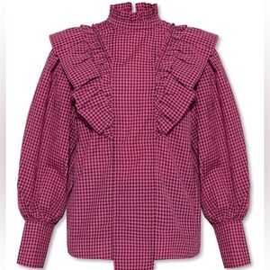 Ganni Pink Gingham Ruffle High-Neck Blouse